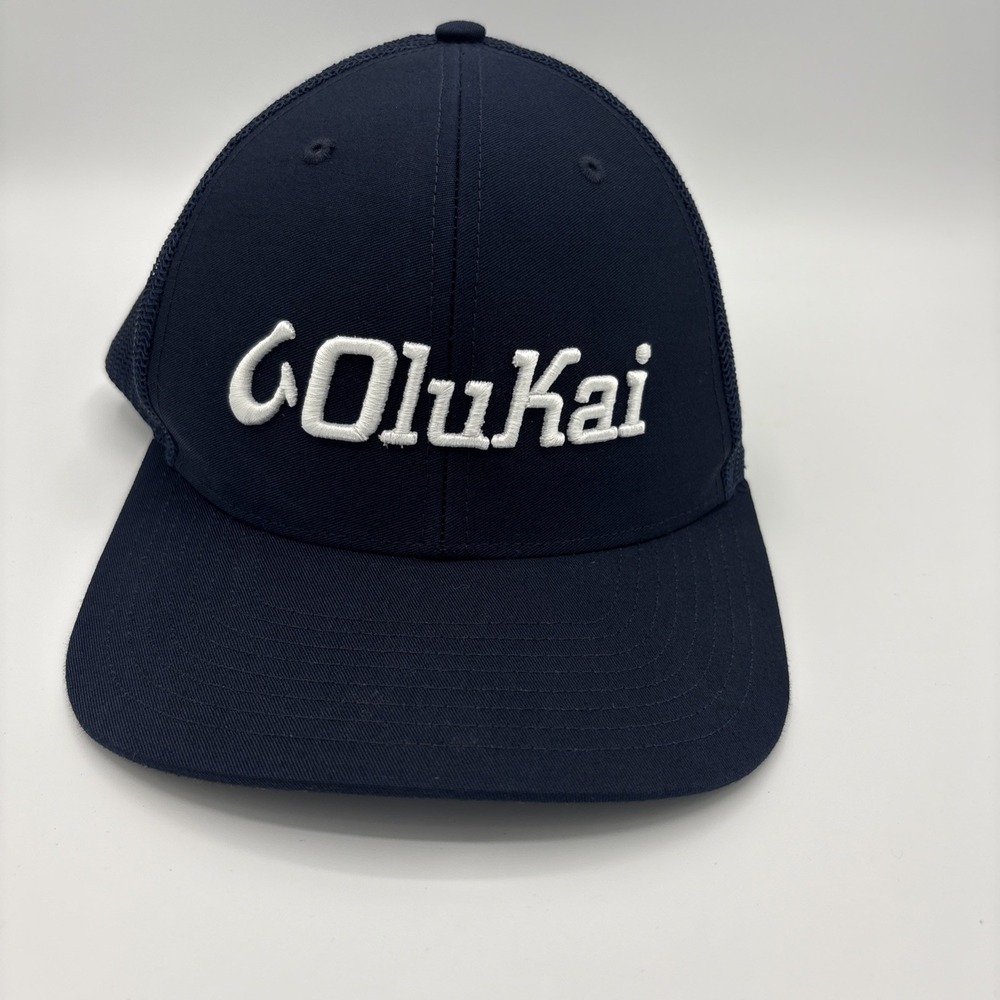OluKai Navy Blue Trucker Hat Richardson 112 Snapback Cap White Script EUC